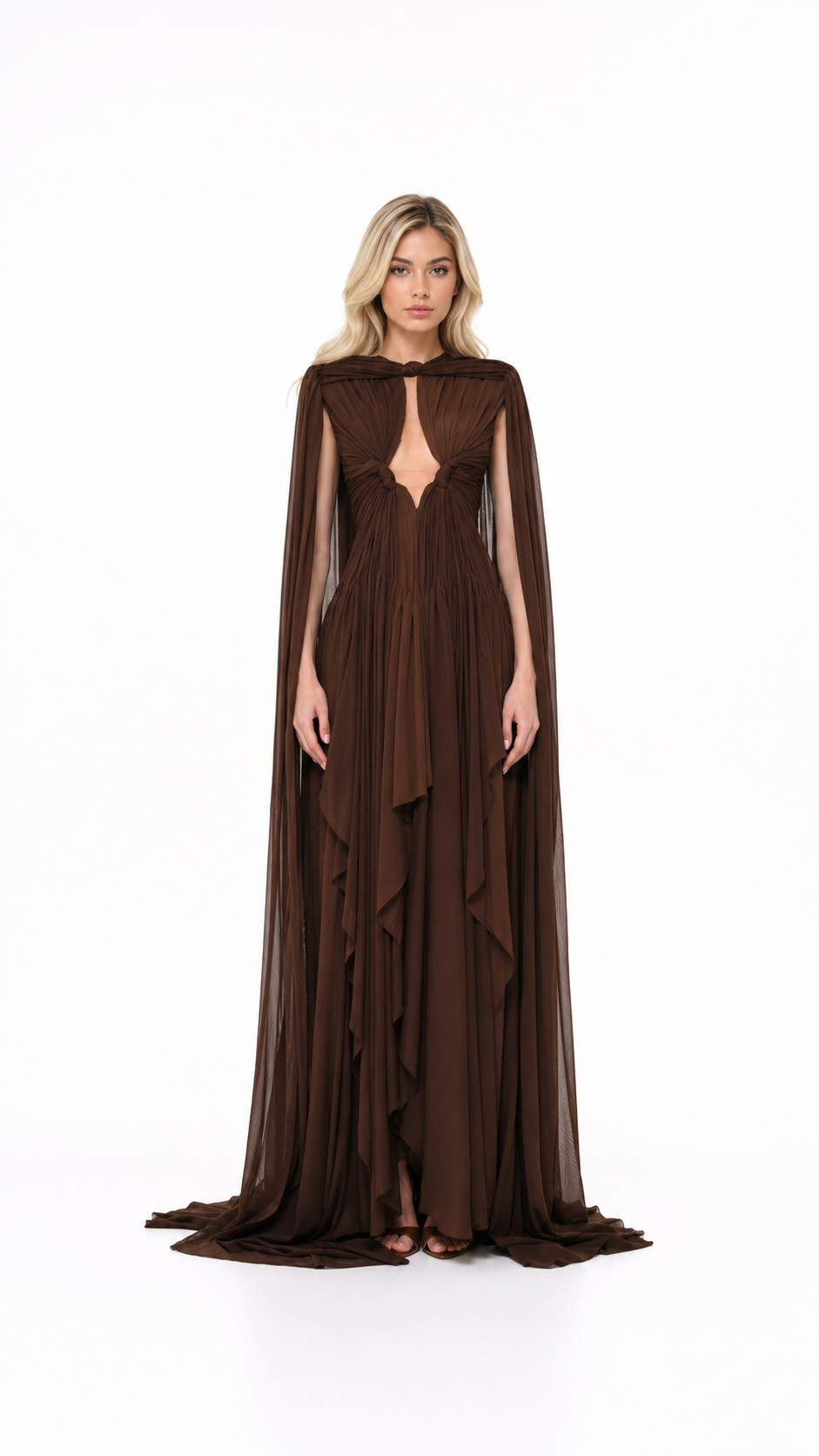 Chocolate Brown Keyhole Cape Evening Gown – SIENNA