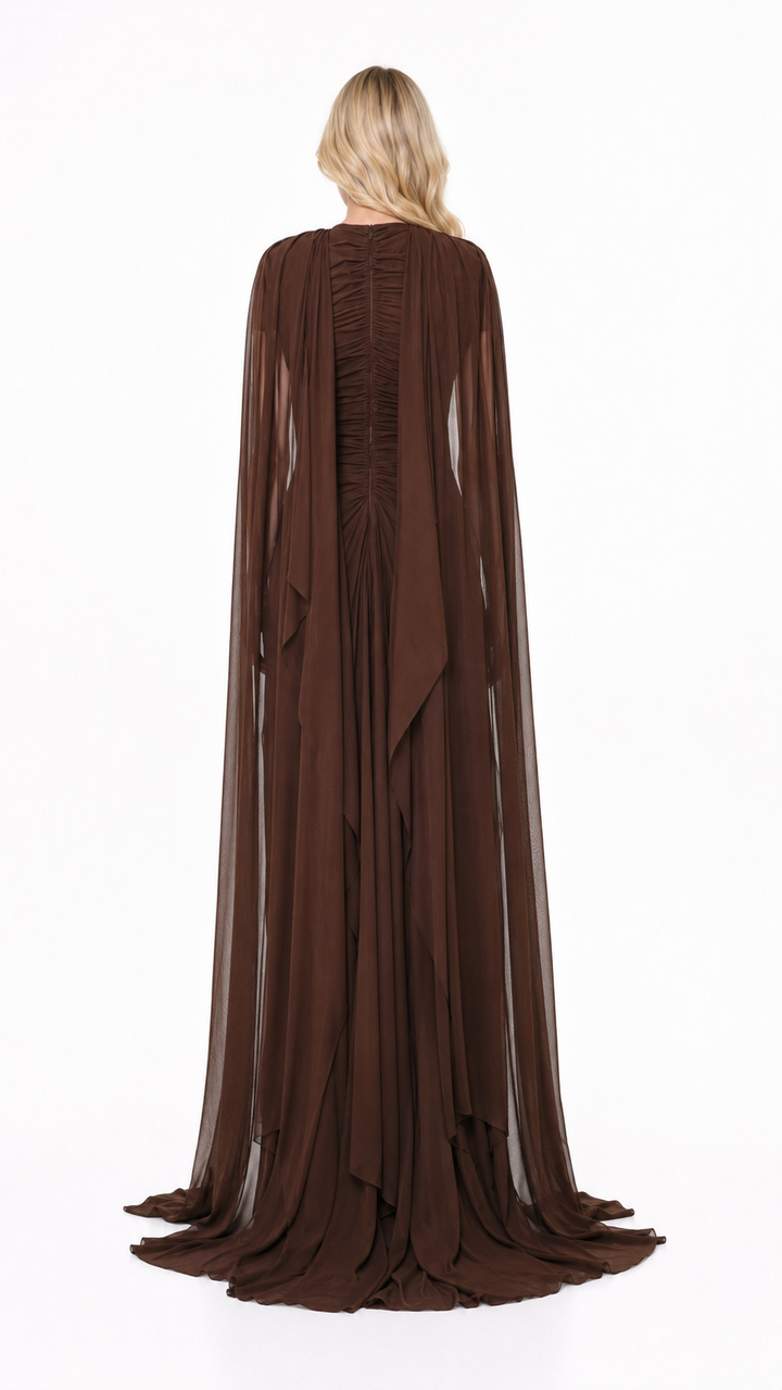 Chocolate Brown Keyhole Cape Evening Gown – SIENNA