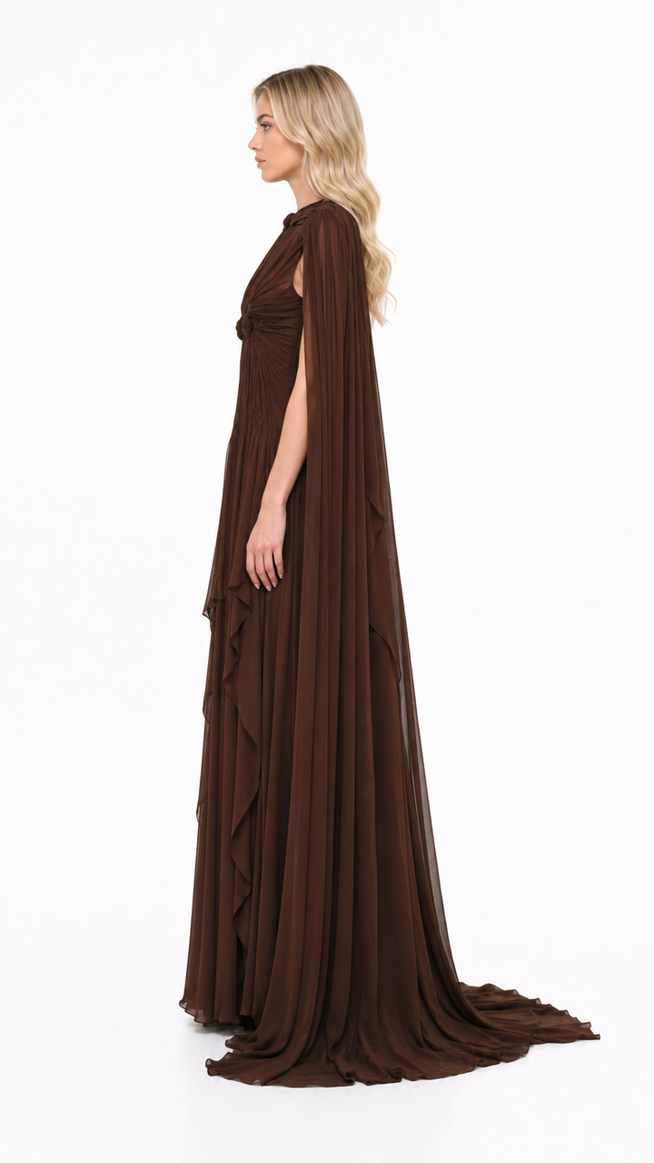 Chocolate Brown Keyhole Cape Evening Gown – SIENNA