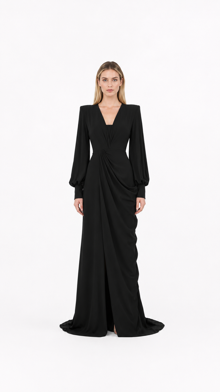 Black Plunge Balloon Sleeve Draped Evening Gown – SELENE