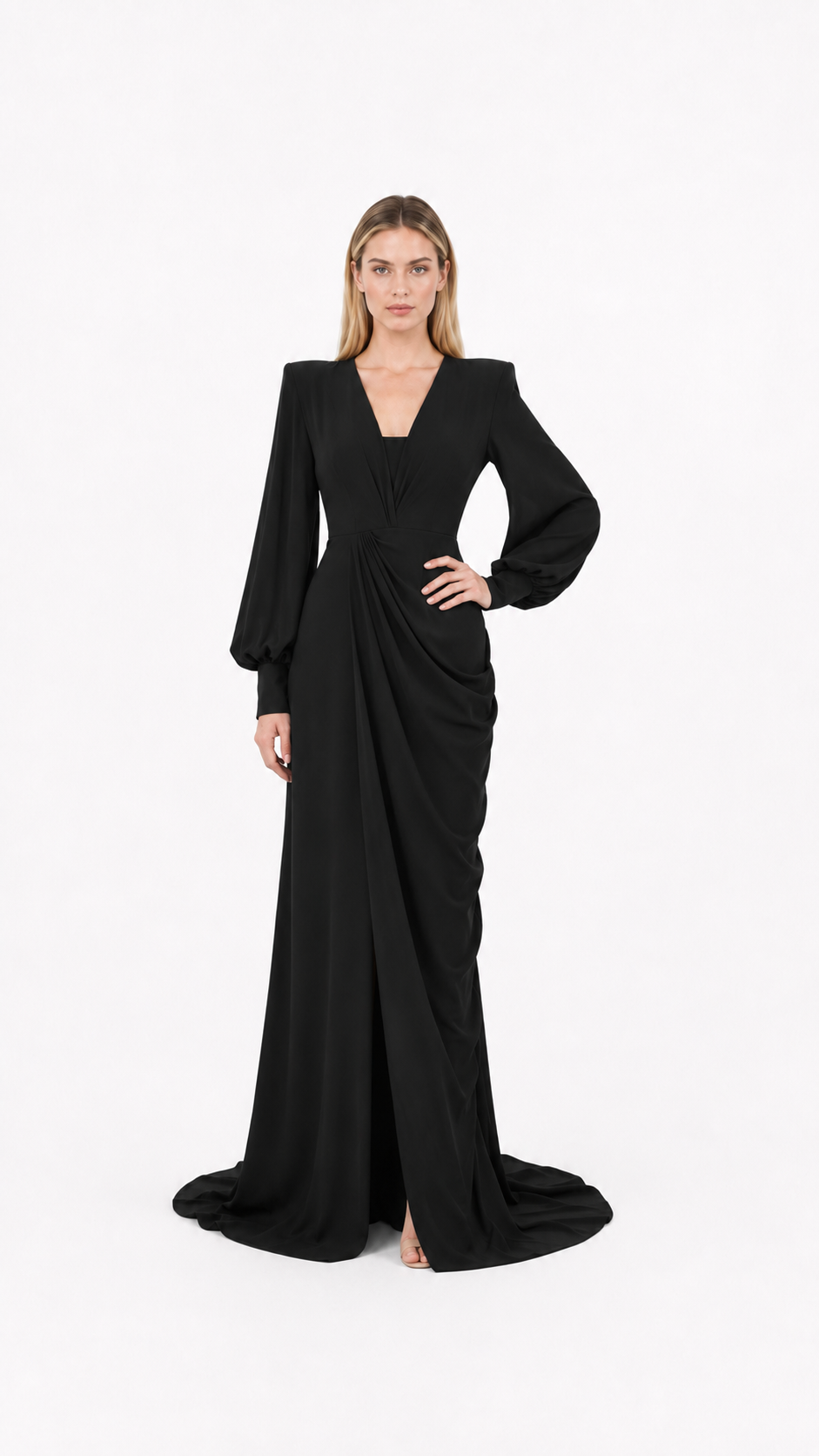 Black Plunge Balloon Sleeve Draped Evening Gown – SELENE