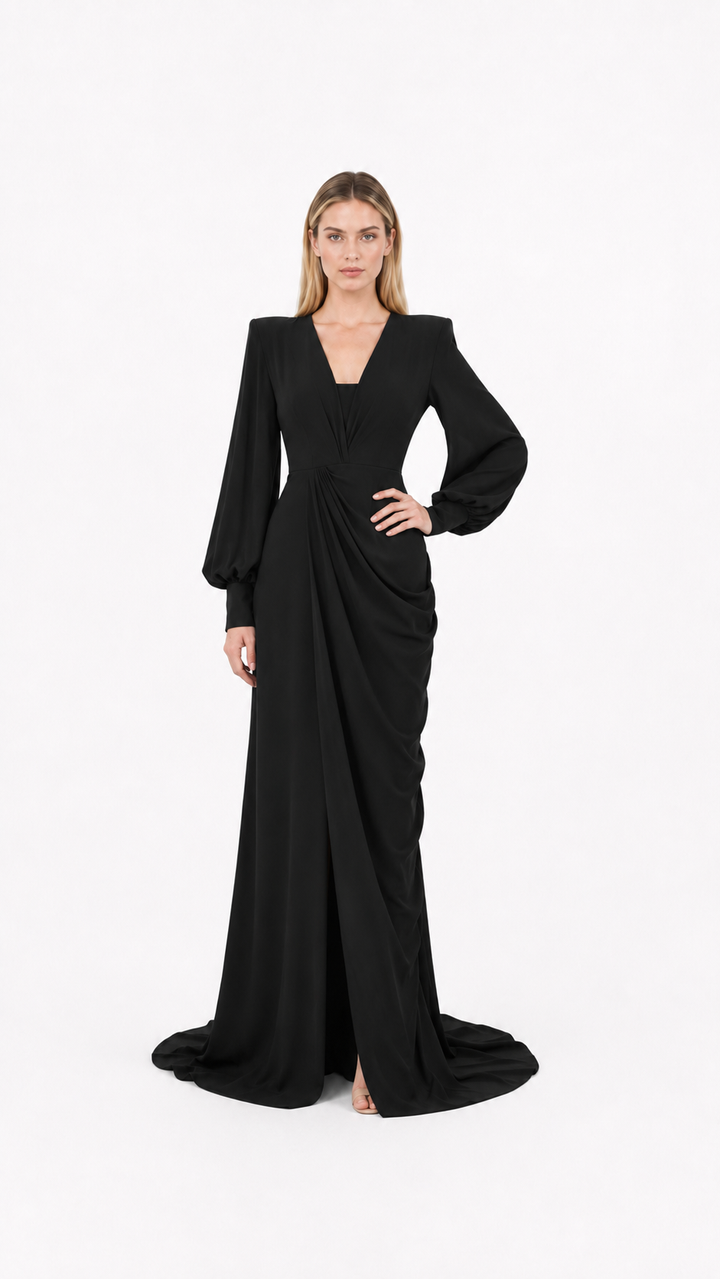 Black Plunge Balloon Sleeve Draped Evening Gown – SELENE