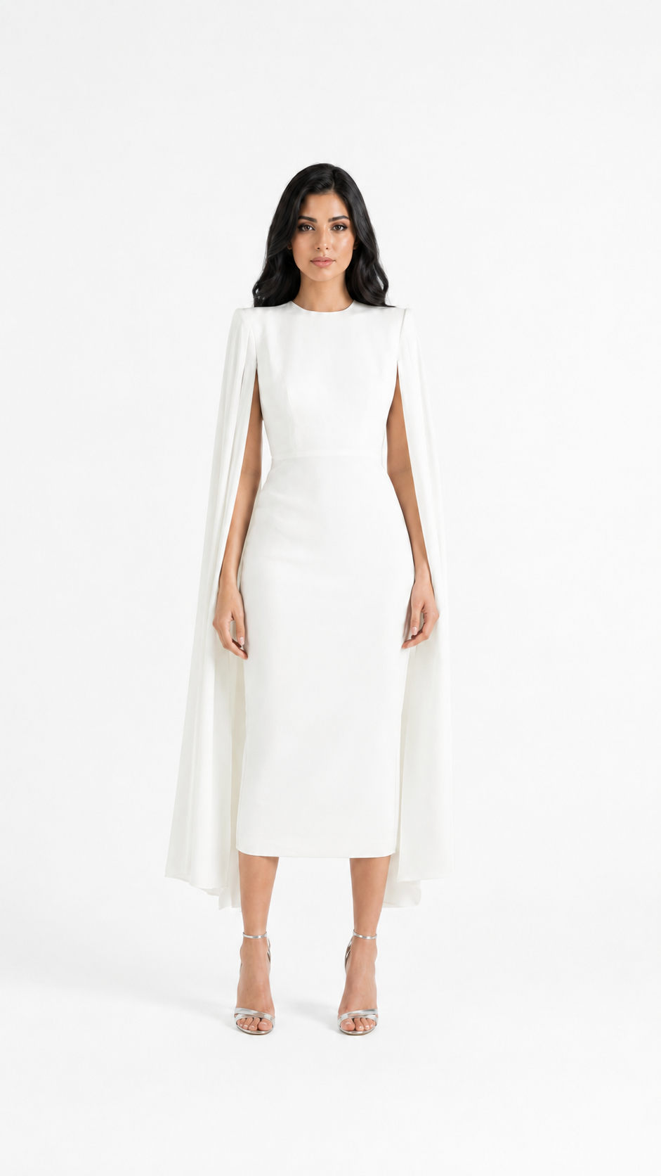 Ivory Cape Sleeve Midi Evening Dress – ELYSIA