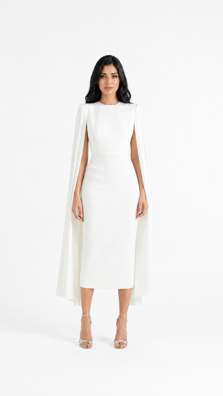 Ivory Cape Sleeve Midi Evening Dress – ELYSIA