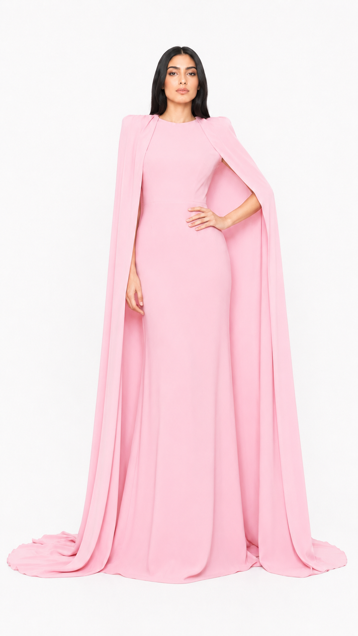 Blush Pink Cape Sleeve Evening Gown – ROSABELLE