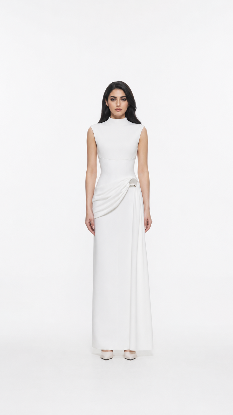 Ivory High Neck Draped Column Evening Gown – ELYSIA