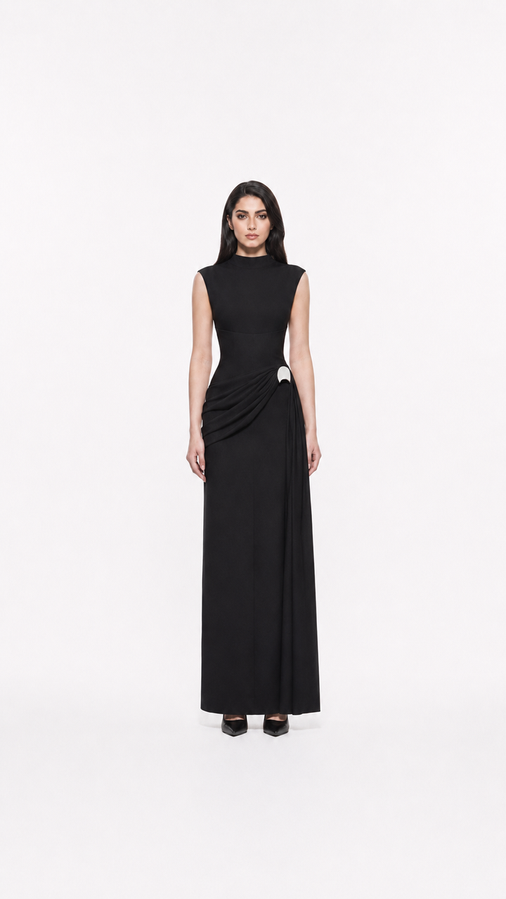 Ivory High Neck Draped Column Evening Gown – ELYSIA