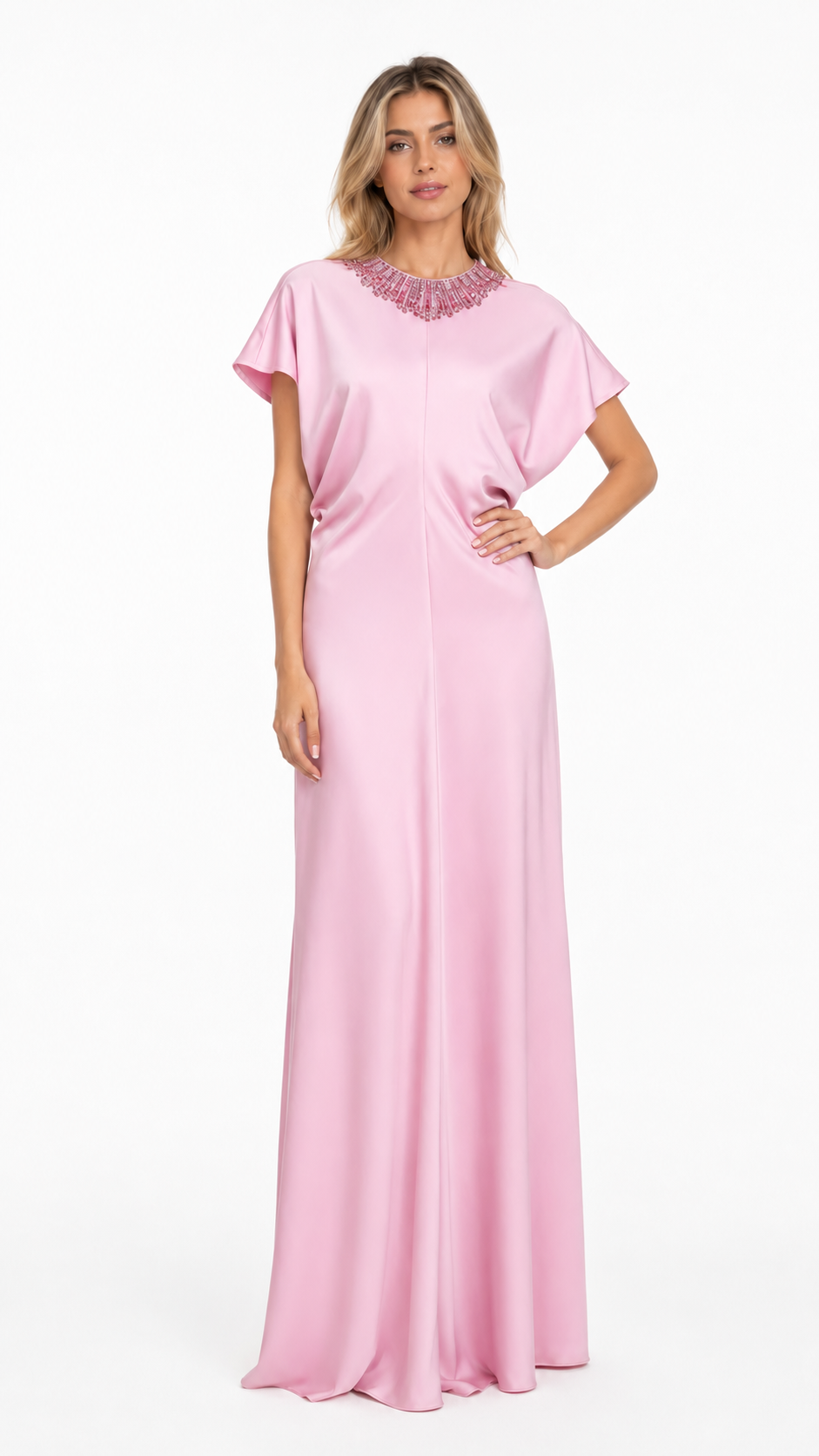 Blush Pink Embellished Neck Maxi Dress – SOLVER