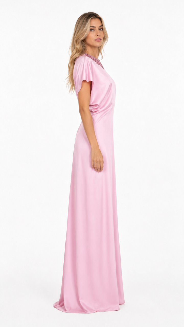Blush Pink Embellished Neck Maxi Dress – SOLVER