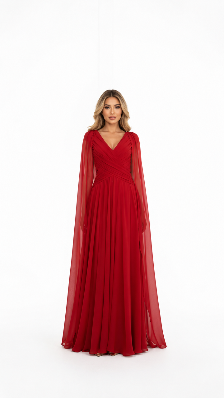 Red Draped Cape Sleeve Evening Gown – SCALES