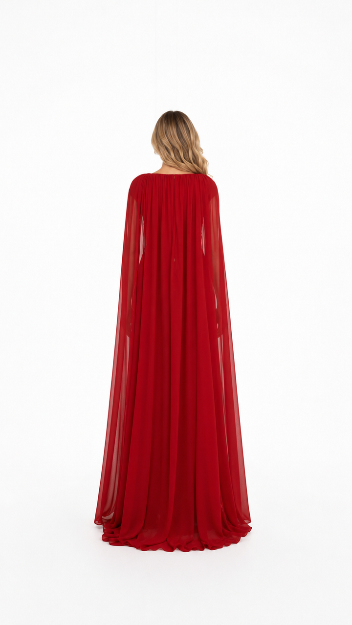 Red Draped Cape Sleeve Evening Gown – SCALES