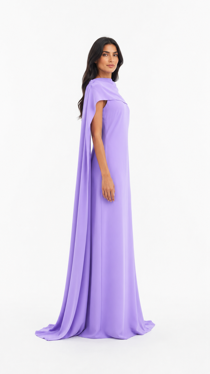 Lilac Draped Cape Maxi Evening Dress – LAVENZA