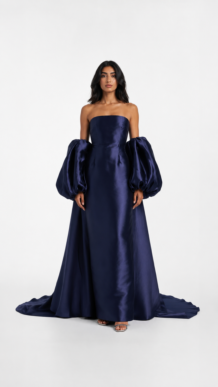 Navy Satin Off-Shoulder Puff Sleeve Evening Gown – ELARA
