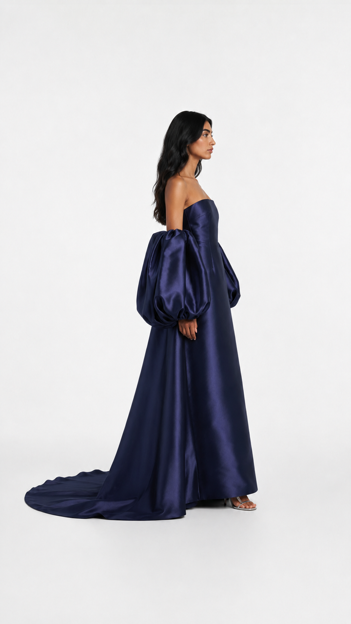 Navy Satin Off-Shoulder Puff Sleeve Evening Gown – ELARA