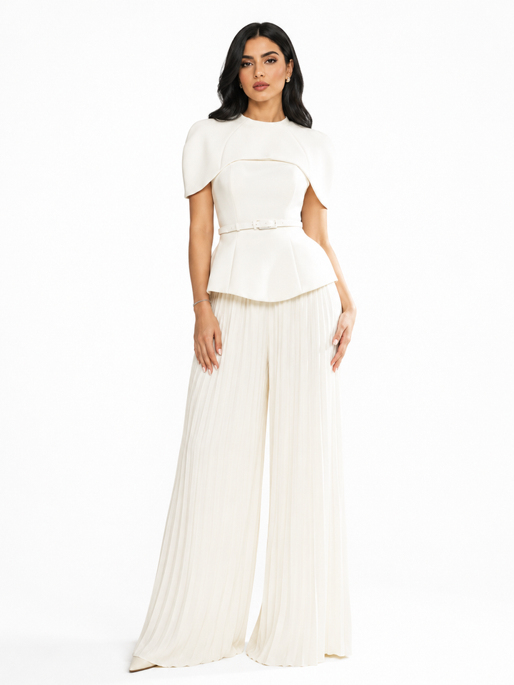 Cape Peplum Top & Pleated Wide-Leg Pants Set – SERENA