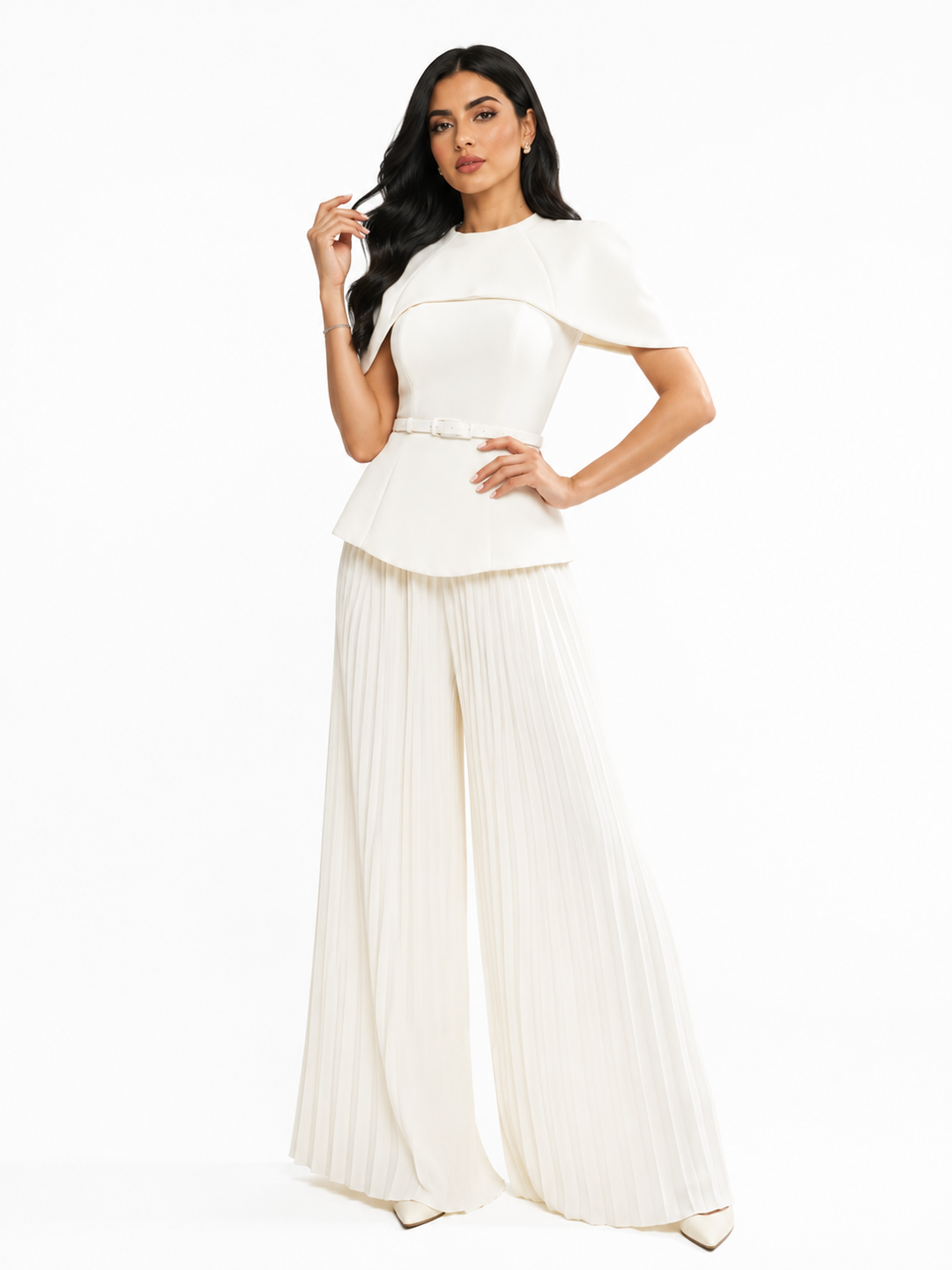 Cape Peplum Top & Pleated Wide-Leg Pants Set – SERENA