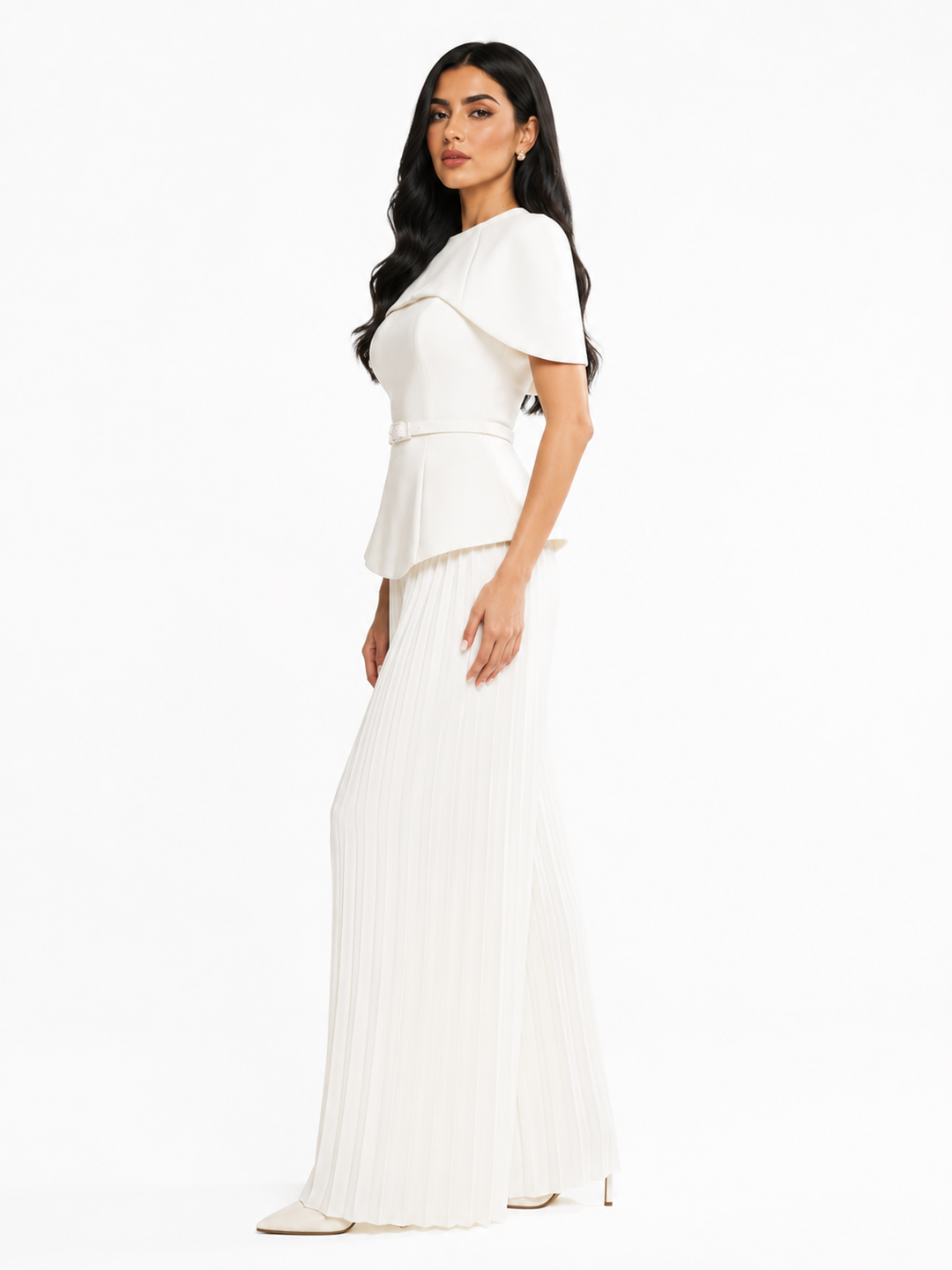 Cape Peplum Top & Pleated Wide-Leg Pants Set – SERENA