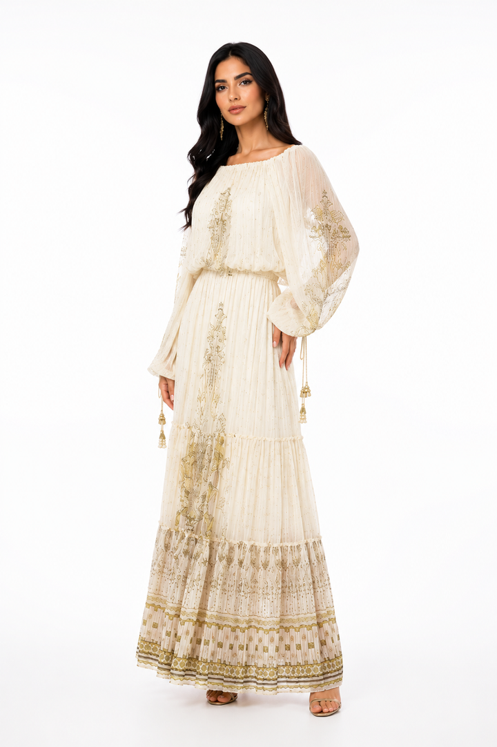 Printed Blouse & Pleated Maxi Skirt Set – NOELLE