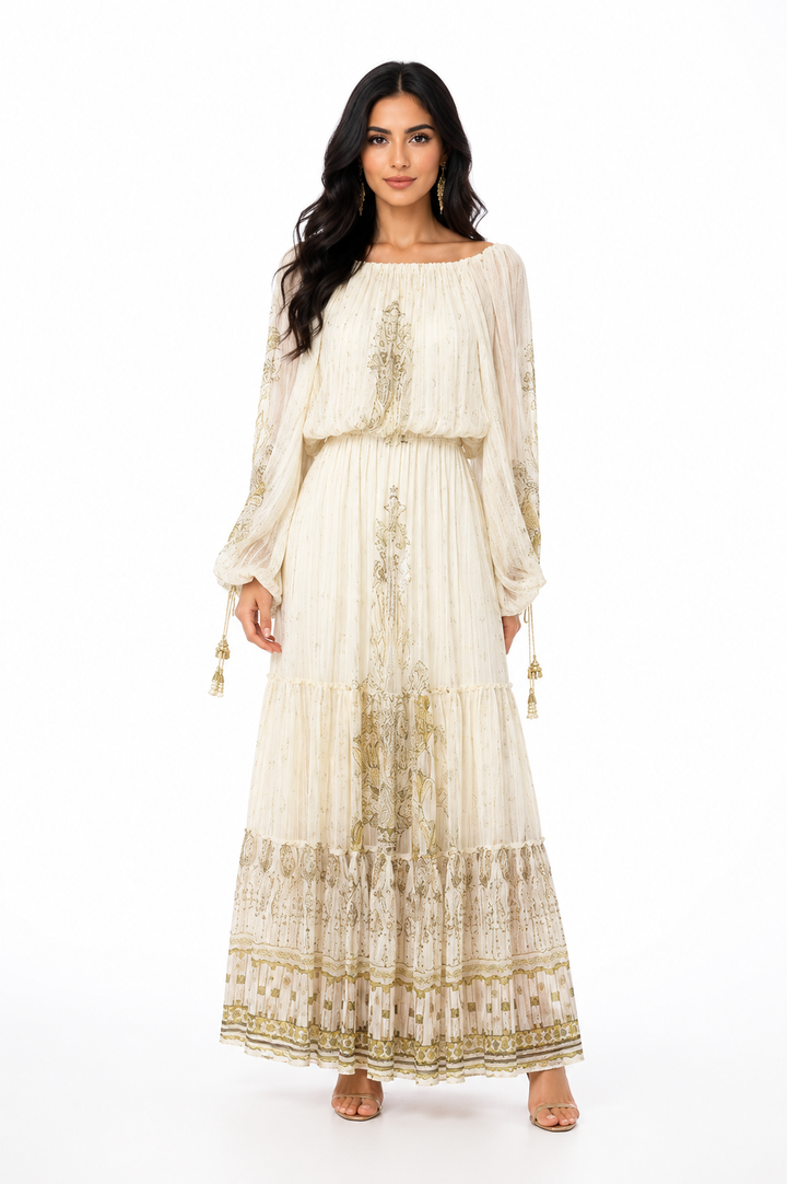 Printed Blouse & Pleated Maxi Skirt Set – NOELLE