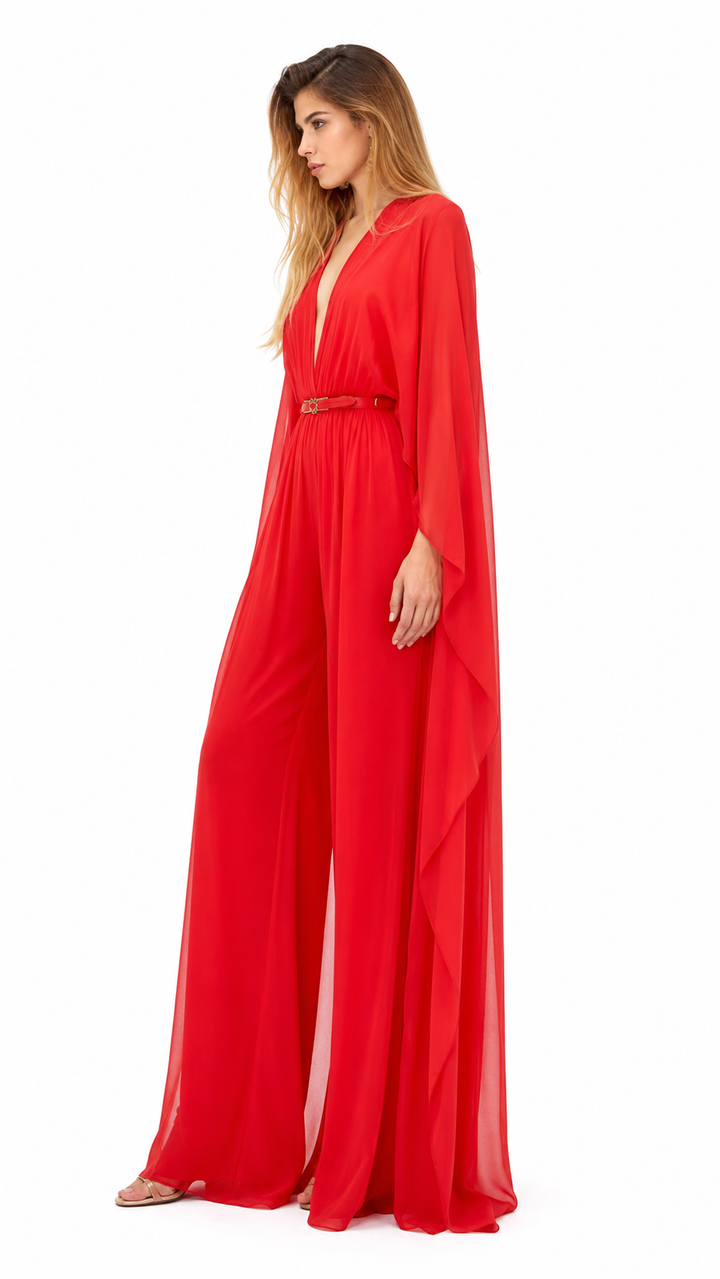 Red Chiffon Cape Jumpsuit – NOVA