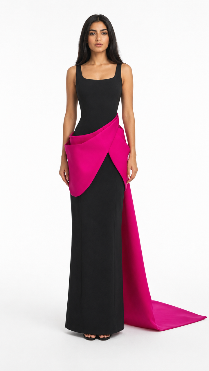 Black & Fuchsia Asymmetric Maxi Dress – ELARA
