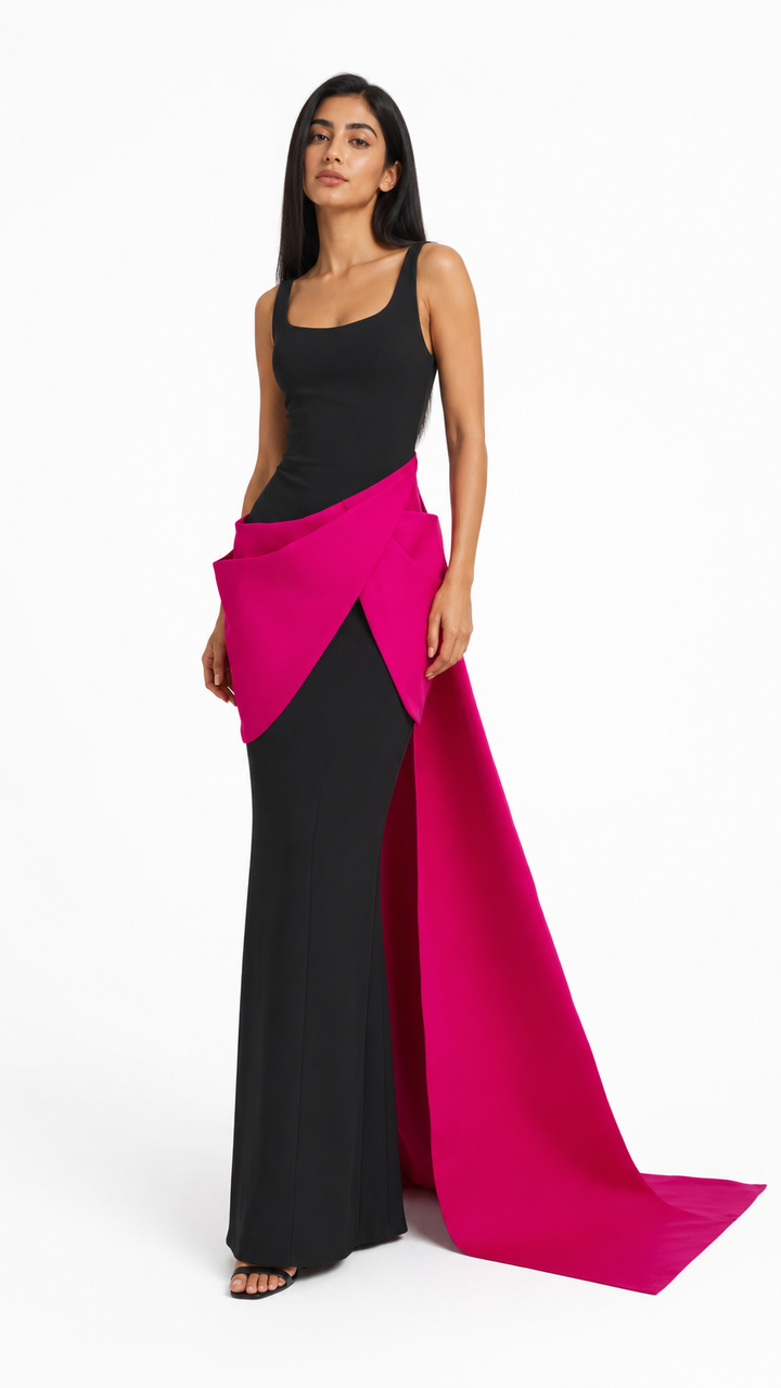 Black & Fuchsia Asymmetric Maxi Dress – ELARA
