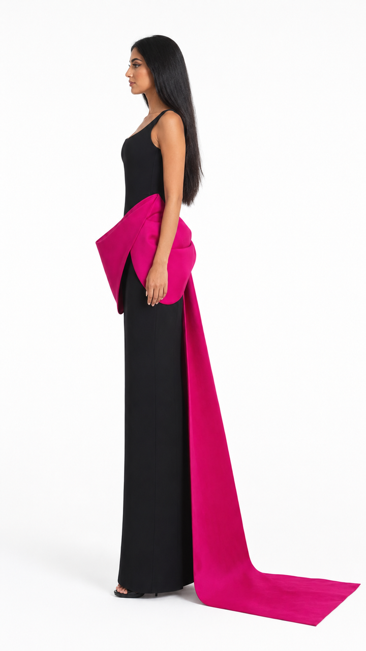 Black & Fuchsia Asymmetric Maxi Dress – ELARA