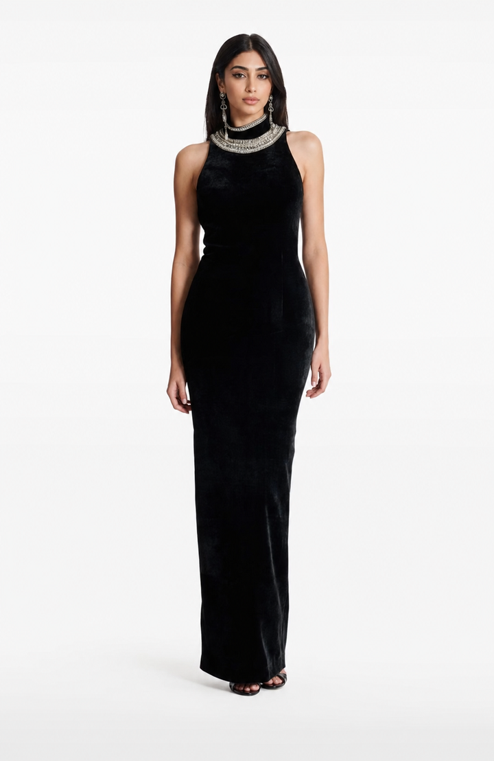 Black Embellished High Neck Maxi Dress – STELLA