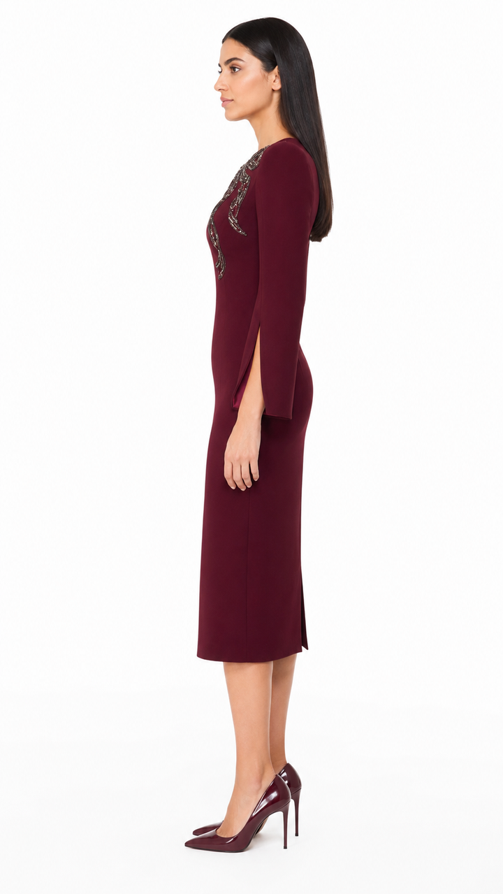 Burgundy Embellished Bow Midi Dress – VERA