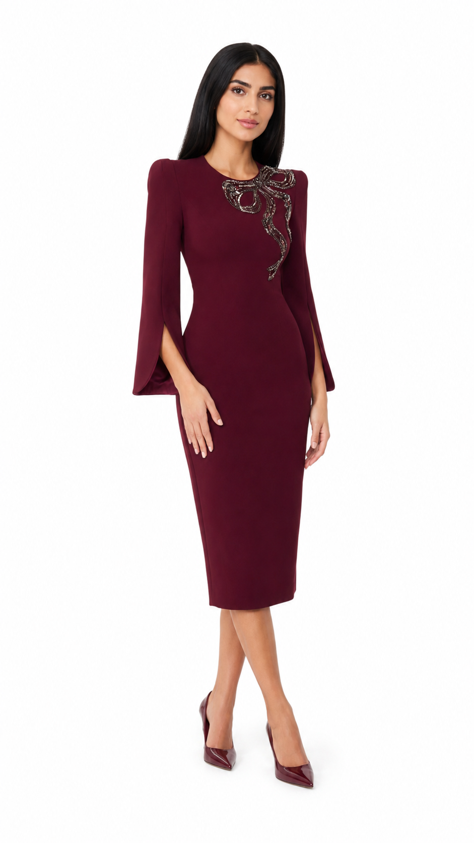 Burgundy Embellished Bow Midi Dress – VERA