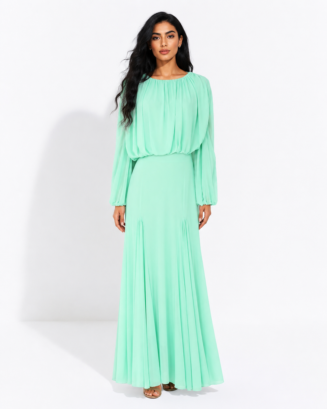 Gathered Long-Sleeve Maxi Dress – ELOISE