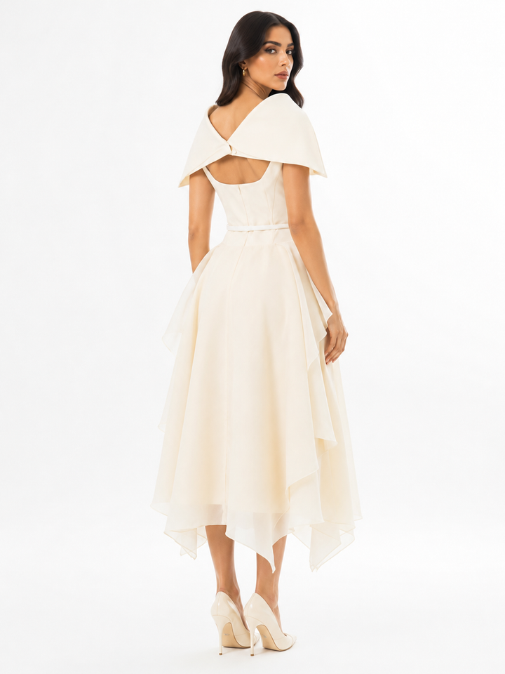 off-shoulder layered chiffon midi dress with belted waist – SILSA