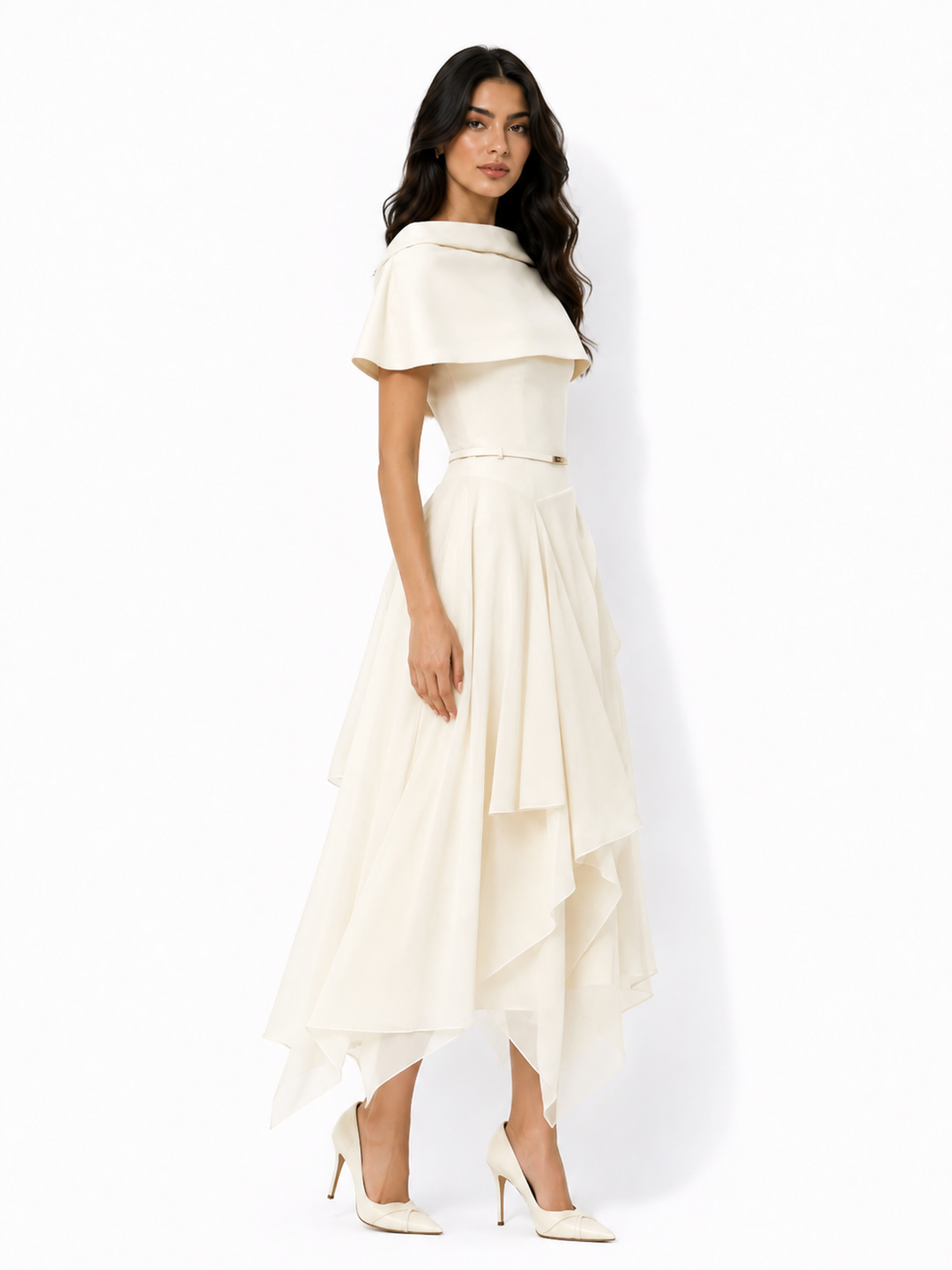 off-shoulder layered chiffon midi dress with belted waist – SILSA