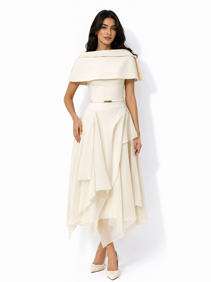 off-shoulder layered chiffon midi dress with belted waist – SILSA