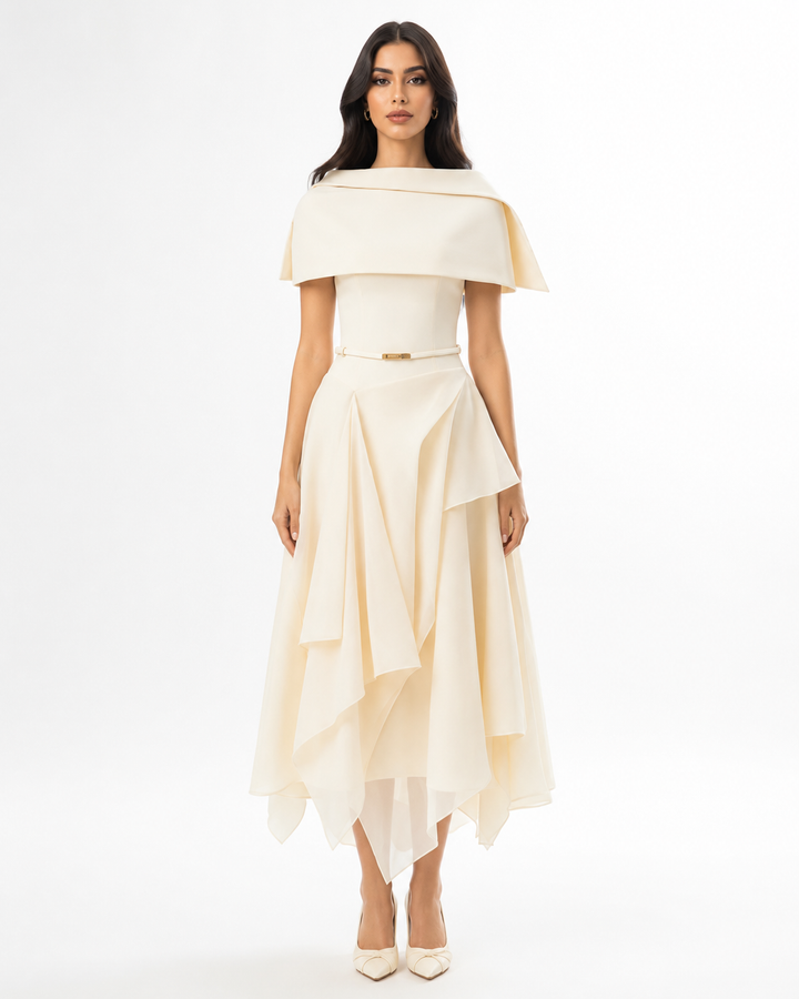off-shoulder layered chiffon midi dress with belted waist – SILSA