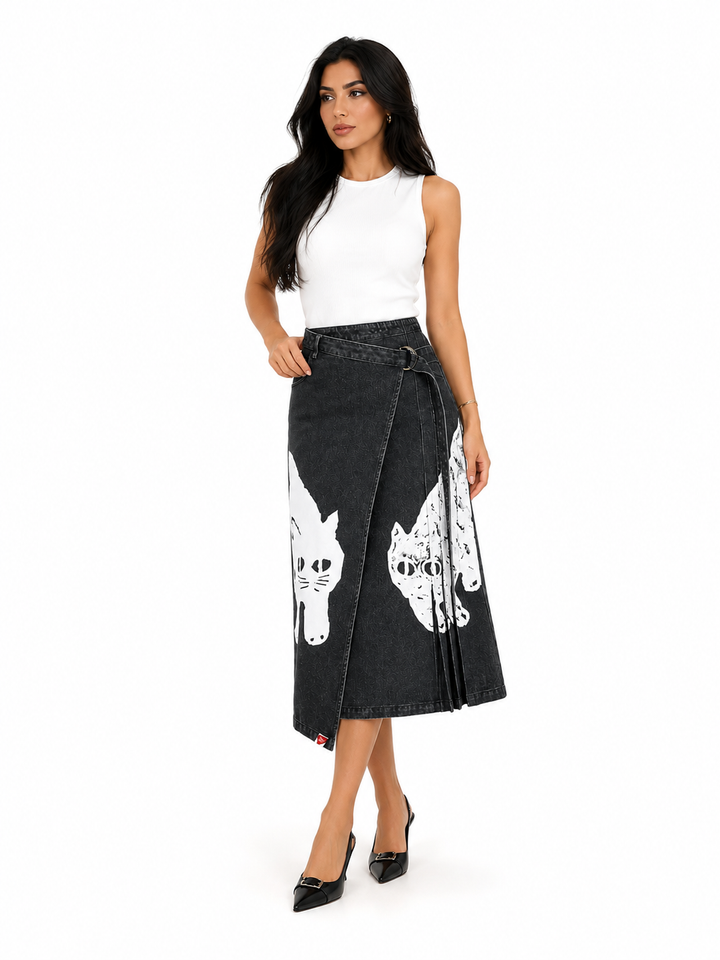 Cat Print Wrap Denim Midi Skirt - Luna