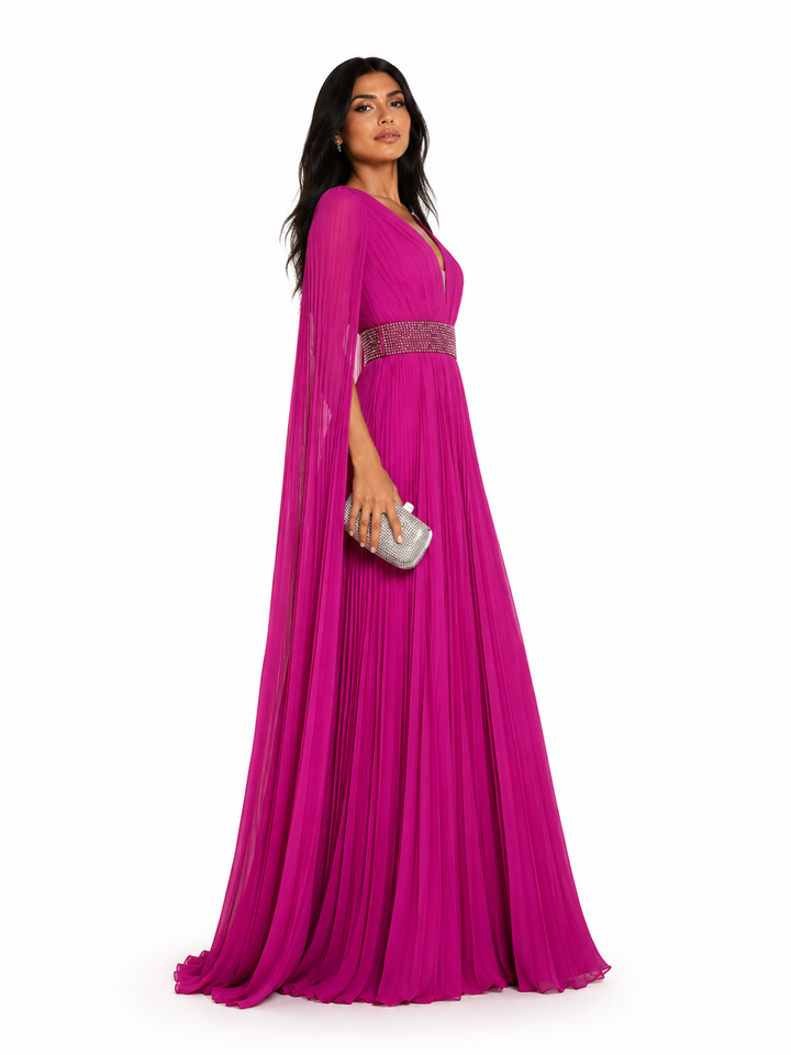 Pleated Cape Sleeve Maxi Dress - luchya