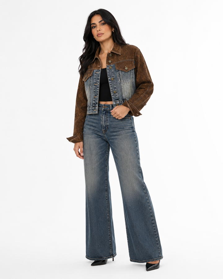 Two-Tone Cropped Denim Jacket - Sierra