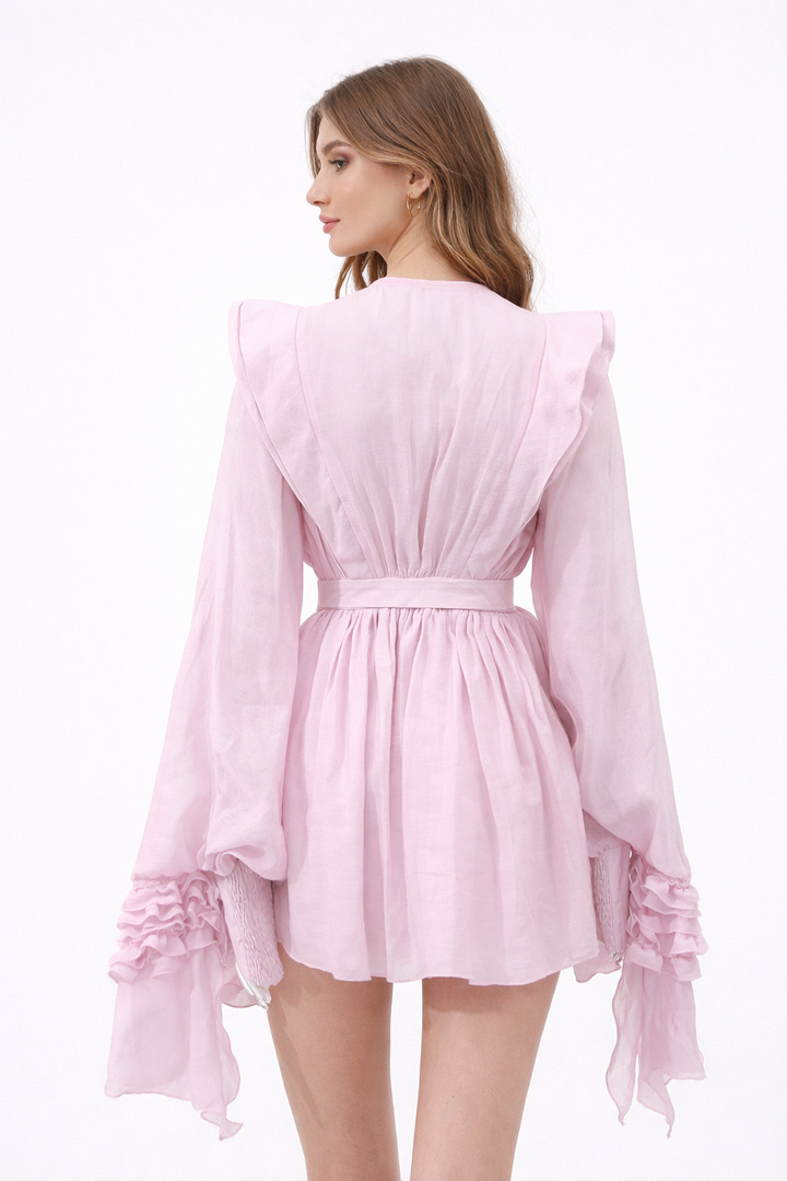 ruffled chiffon mini dress with waist tie – SOLENA