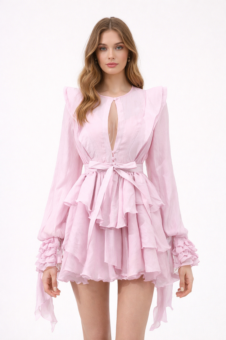 ruffled chiffon mini dress with waist tie – SOLENA
