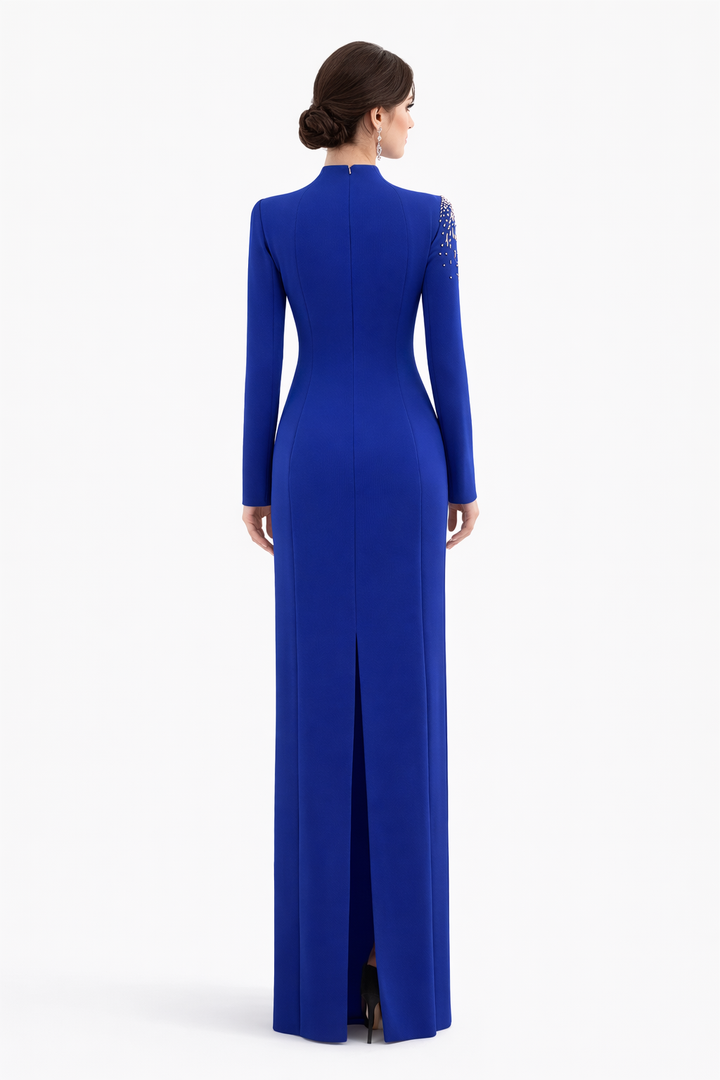 high-neck column gown with crystal illusion cutout – NOIR