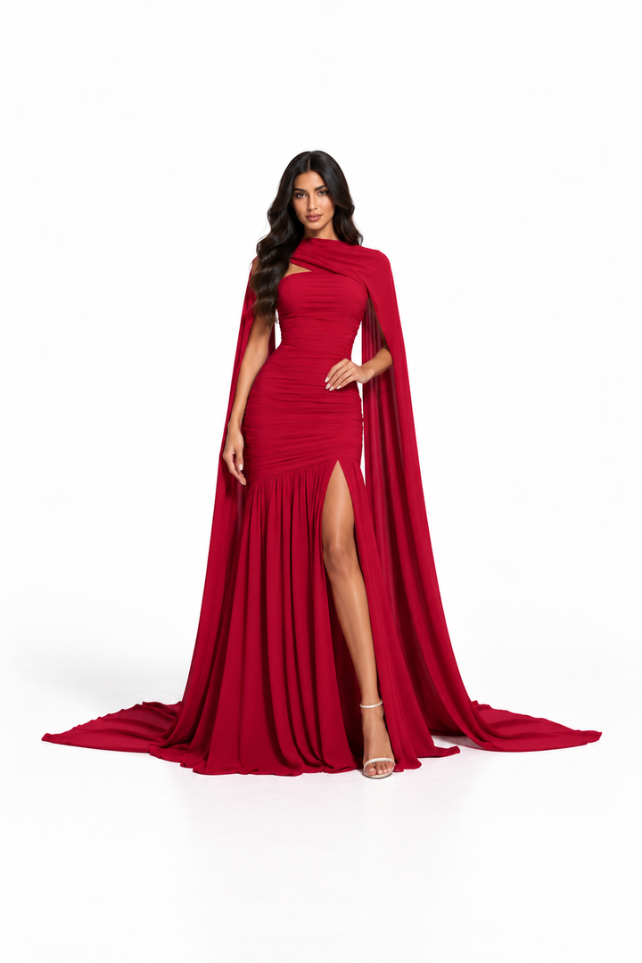Draped Cape Gown - Ruby