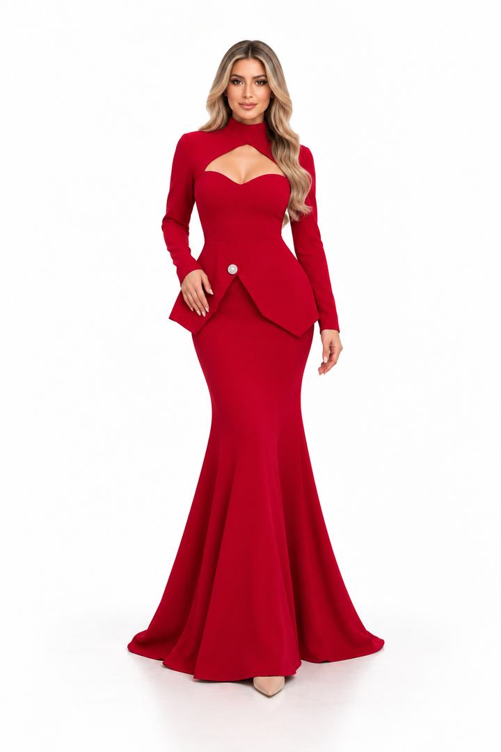 Cutout Peplum Gown - Crimson
