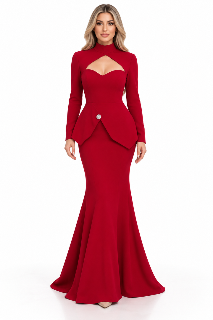 Cutout Peplum Gown - Crimson