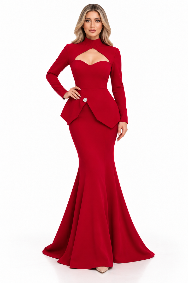 Cutout Peplum Gown - Crimson