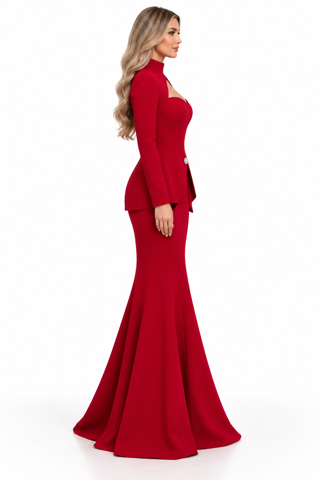 Cutout Peplum Gown - Crimson