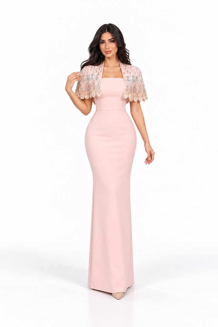 Embellished Cape Gown - Blush