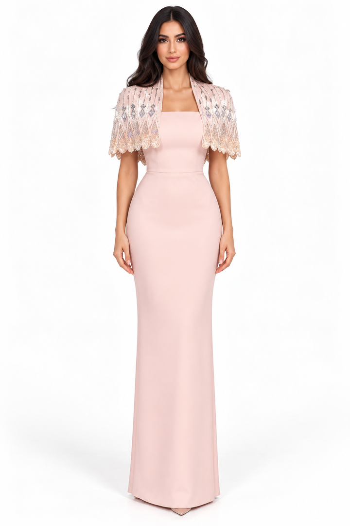Embellished Cape Gown - Blush