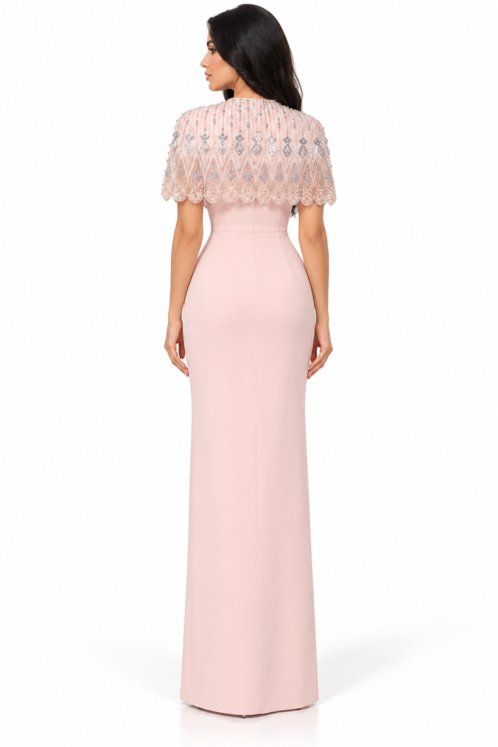 Embellished Cape Gown - Blush