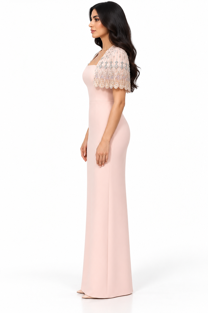 Embellished Cape Gown - Blush